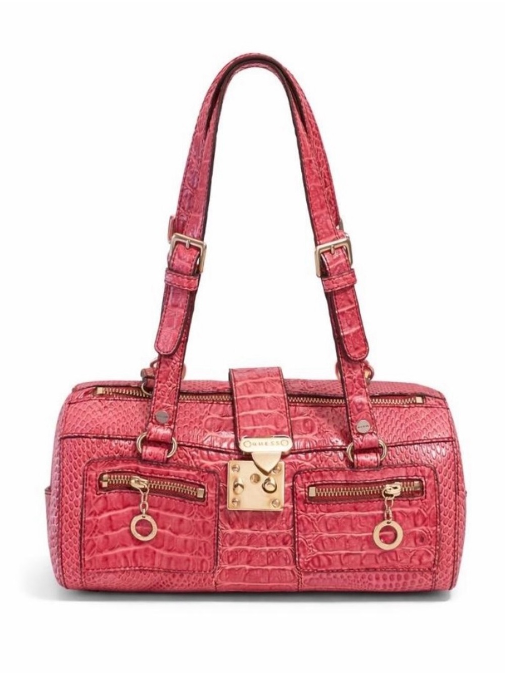 GUESS Pink Croc-Embossed Barrel Shoulder Bag with Gold Hardware